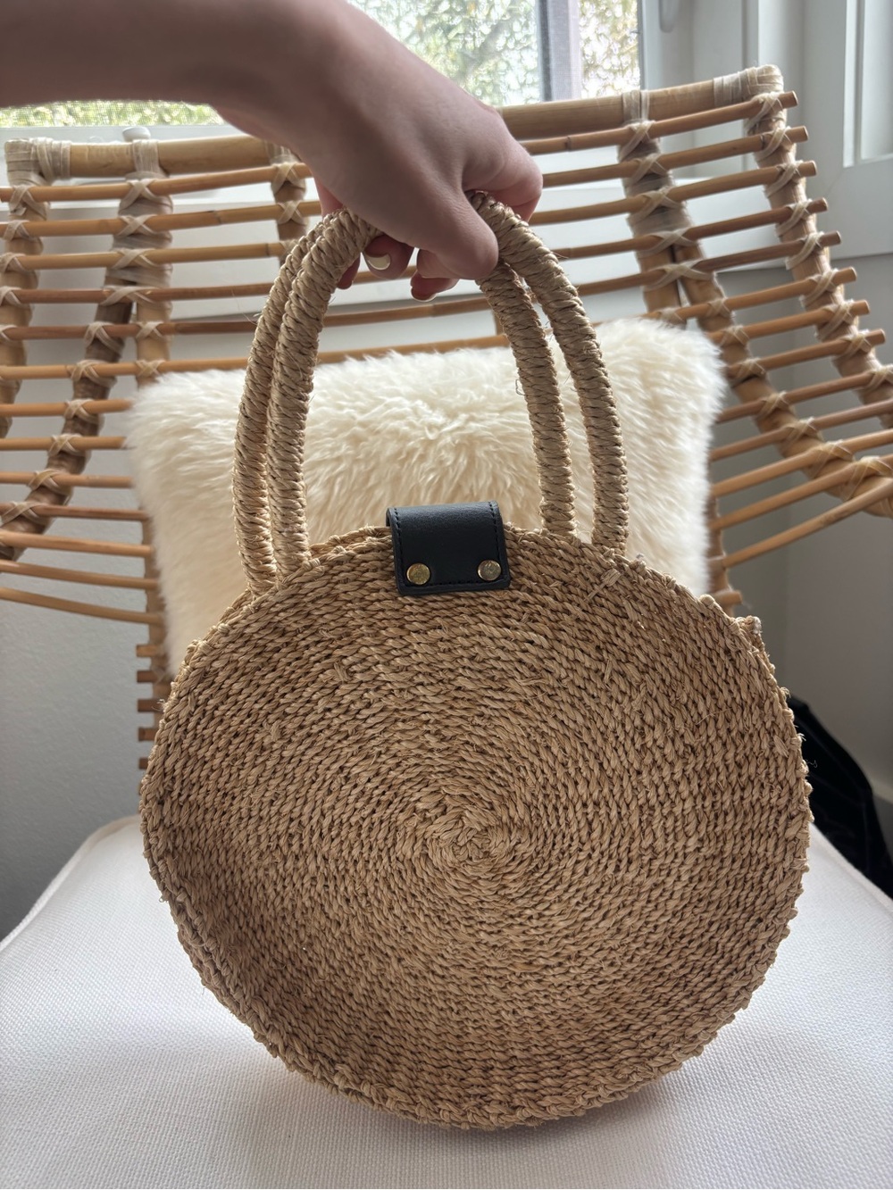 Round Woven Tote in Natural with Black Trim - Picture 2 of 3